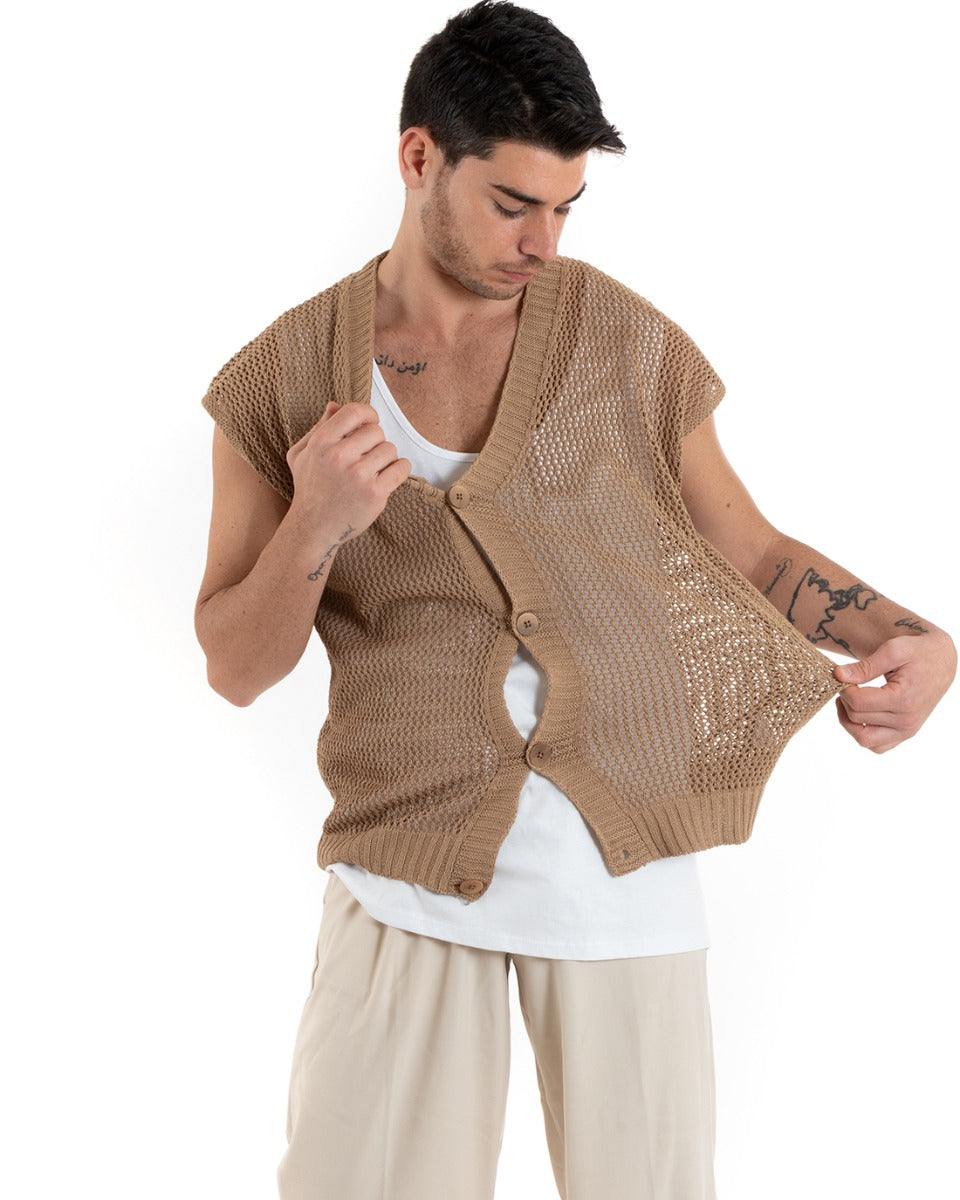 T-shirt Uomo Maglia Traforata Cardigan Con Bottoni Tinta Unita Camel Casual GIOSAL-TS2897A