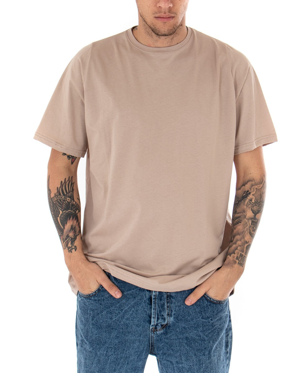 T-shirt Uomo Oversize Girocollo Tinta Unita Casual Beige Basic Manica Corta GIOSAL-TS2922A