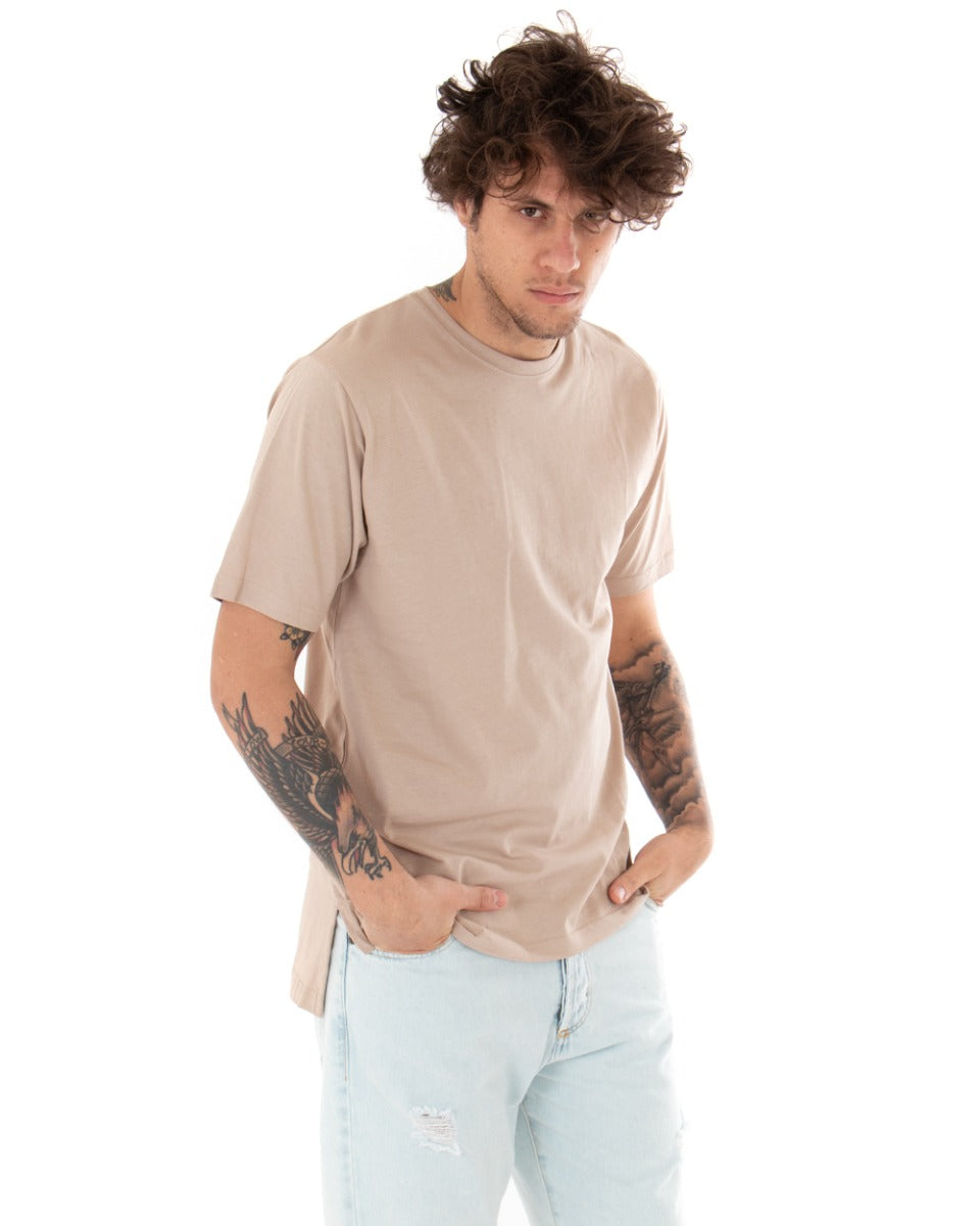 T-shirt Uomo Basic Tinta Unita Beige Girocollo Manica Corta Casual Spacchi GIOSAL-TS2933A