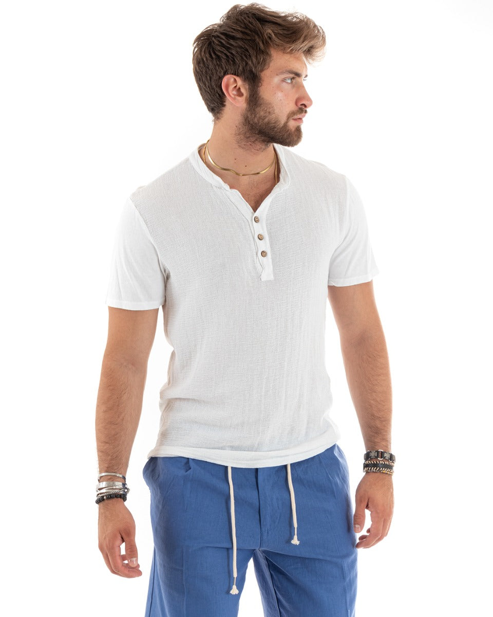 T-shirt Uomo Collo Serafino Bottoni Tinta Unita Maniche Corte Cotone Bianca Casual GIOSAL-TS2957A