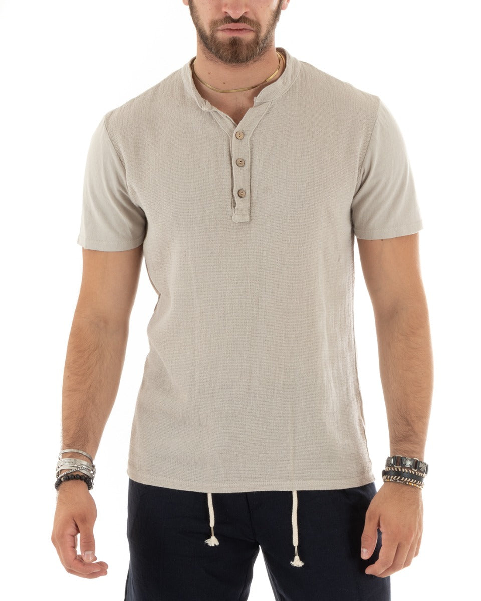 T-shirt Uomo Collo Serafino Bottoni Tinta Unita Maniche Corte Cotone Beige Casual GIOSAL-TS2958A