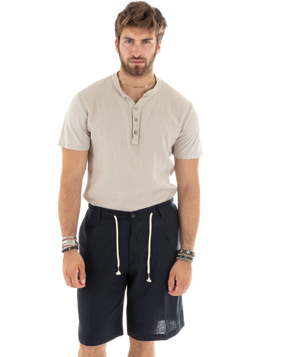 T-shirt Uomo Collo Serafino Bottoni Tinta Unita Maniche Corte Cotone Beige Casual GIOSAL-TS2958A