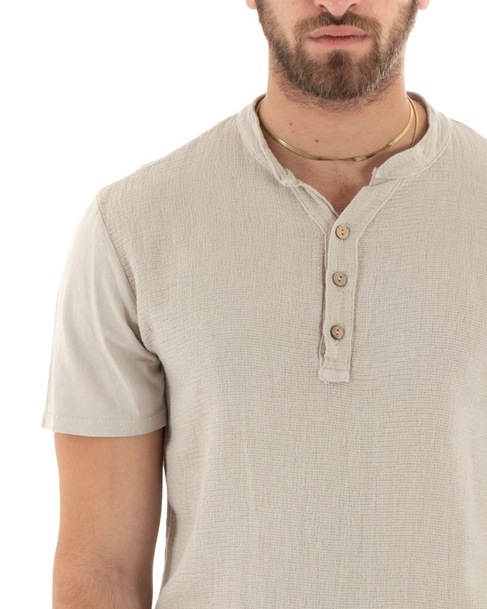T-shirt Uomo Collo Serafino Bottoni Tinta Unita Maniche Corte Cotone Beige Casual GIOSAL-TS2958A