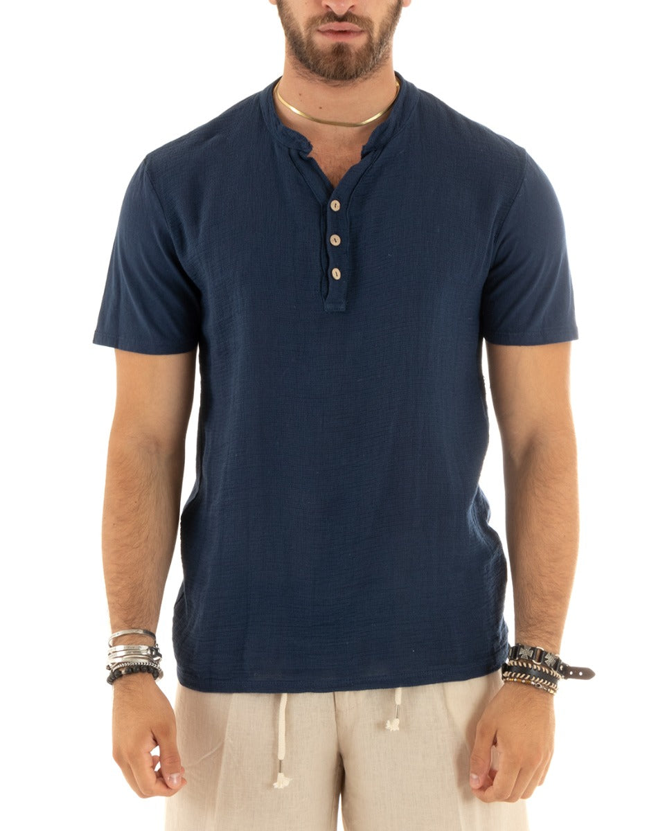 T-shirt Uomo Collo Serafino Bottoni Tinta Unita Maniche Corte Cotone Blu Casual GIOSAL-TS2959A