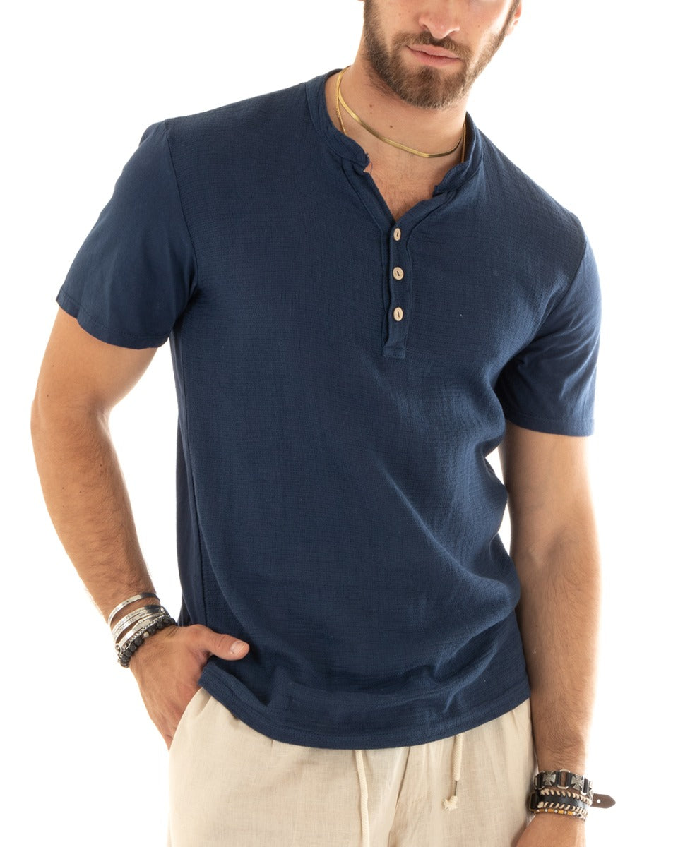 T-shirt Uomo Collo Serafino Bottoni Tinta Unita Maniche Corte Cotone Blu Casual GIOSAL-TS2959A