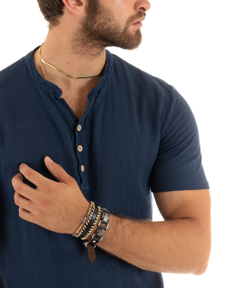 T-shirt Uomo Collo Serafino Bottoni Tinta Unita Maniche Corte Cotone Blu Casual GIOSAL-TS2959A