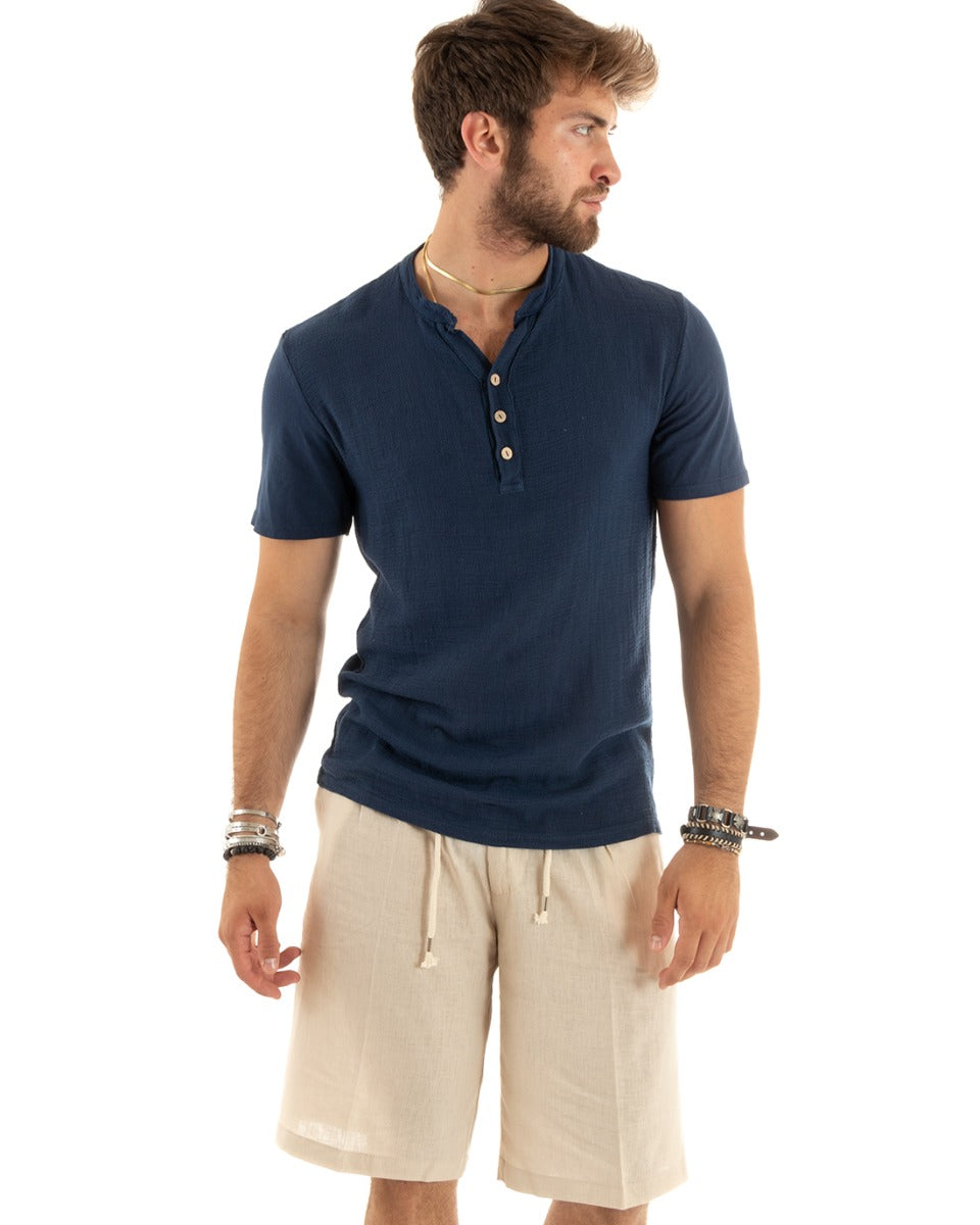 T-shirt Uomo Collo Serafino Bottoni Tinta Unita Maniche Corte Cotone Blu Casual GIOSAL-TS2959A