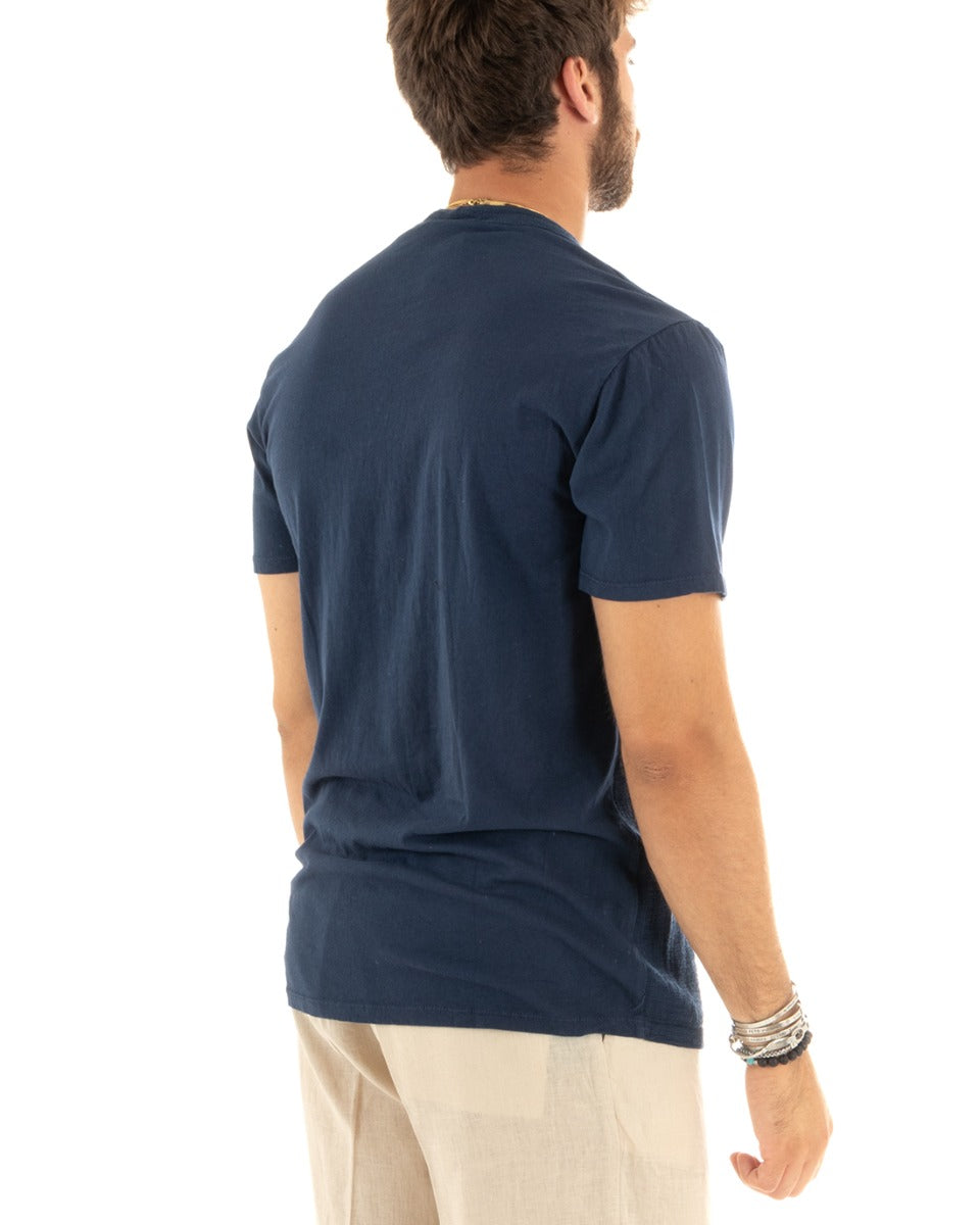 T-shirt Uomo Collo Serafino Bottoni Tinta Unita Maniche Corte Cotone Blu Casual GIOSAL-TS2959A