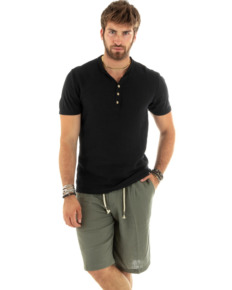 T-shirt Uomo Collo Serafino Bottoni Tinta Unita Maniche Corte Cotone Nero Casual GIOSAL-TS2960A