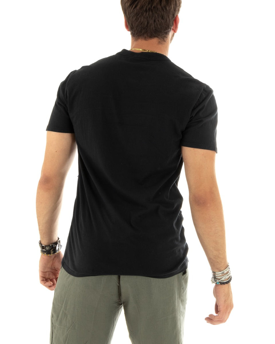 T-shirt Uomo Collo Serafino Bottoni Tinta Unita Maniche Corte Cotone Nero Casual GIOSAL-TS2960A