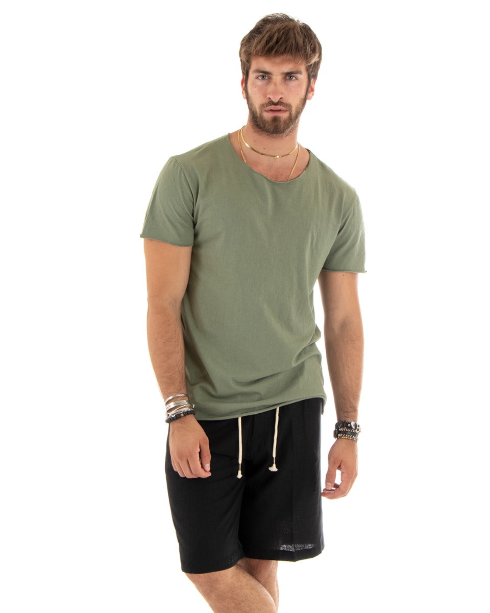 T-shirt Uomo Girocollo Maniche Corte Taglio Vivo Tinta Unita Verde Basic GIOSAL-TS2962A