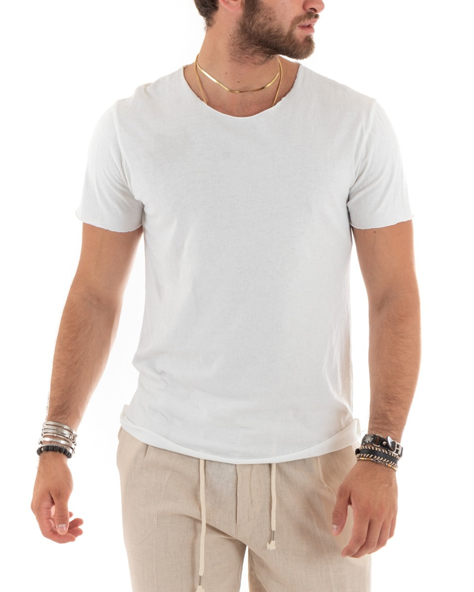 T-shirt Uomo Girocollo Taglio Vivo Morbido Cotone Basic Tinta Unita Bianco GIOSAL-TS2963A