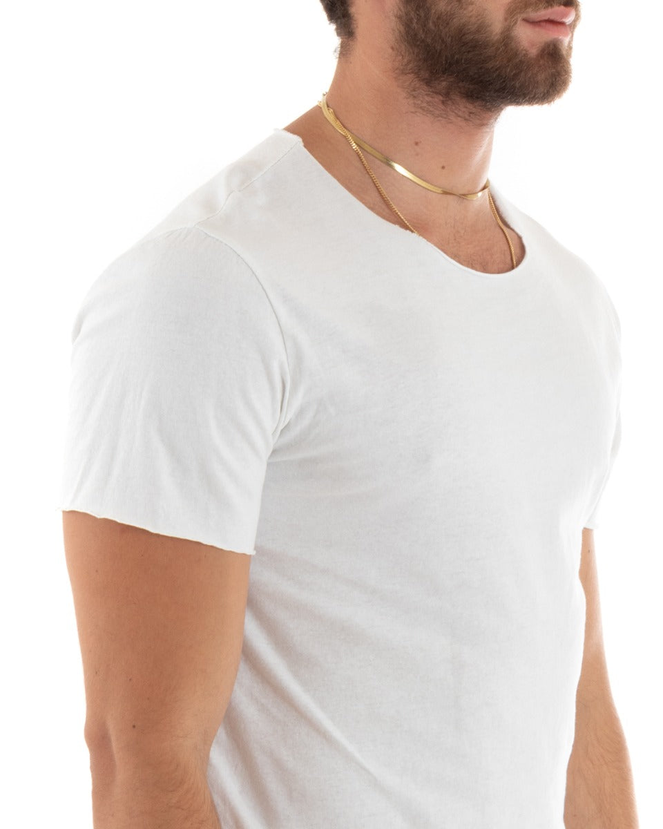 T-shirt Uomo Girocollo Taglio Vivo Morbido Cotone Basic Tinta Unita Bianco GIOSAL-TS2963A