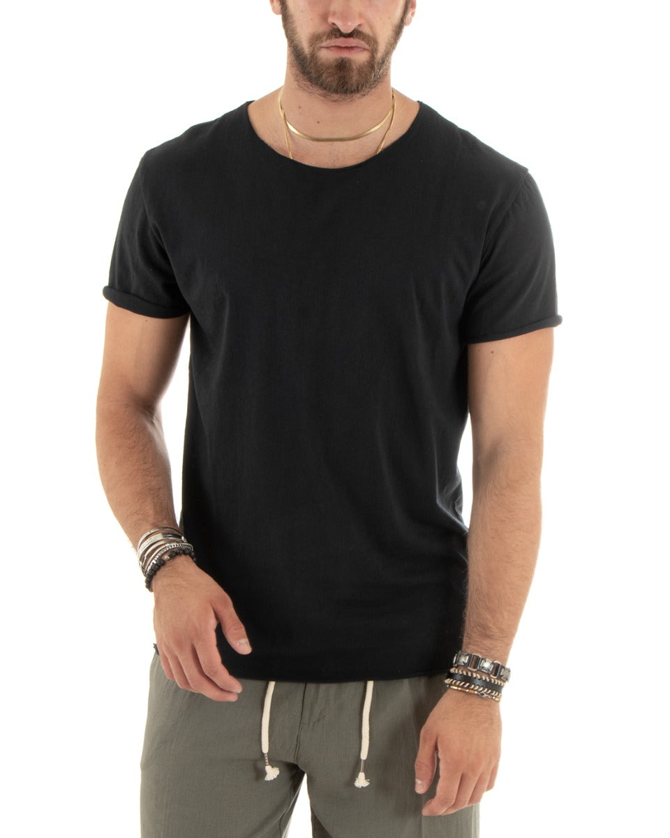 T-shirt Uomo Girocollo Taglio Vivo Morbido Cotone Basic Tinta Unita Nero GIOSAL-TS2964A