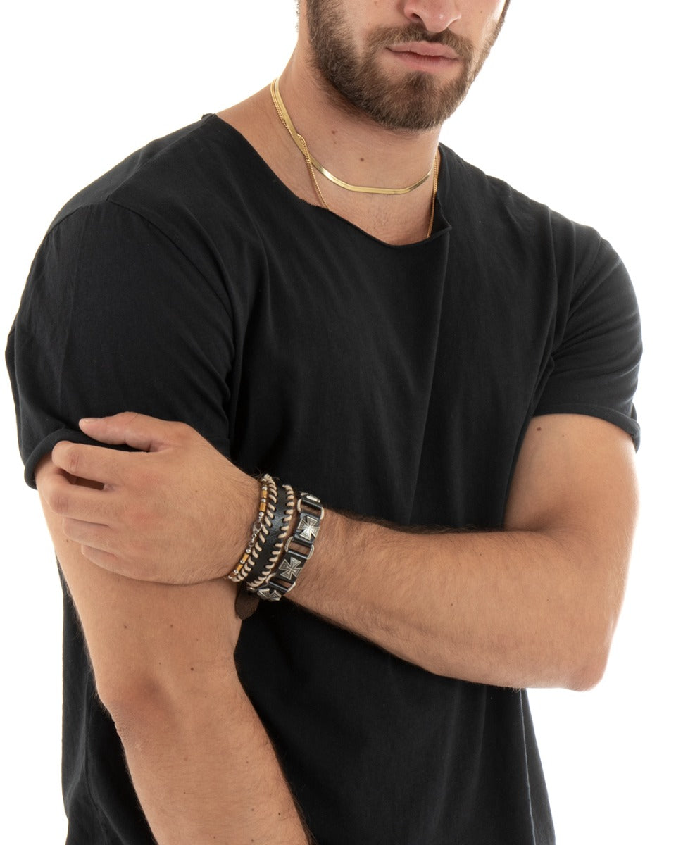 T-shirt Uomo Girocollo Taglio Vivo Morbido Cotone Basic Tinta Unita Nero GIOSAL-TS2964A