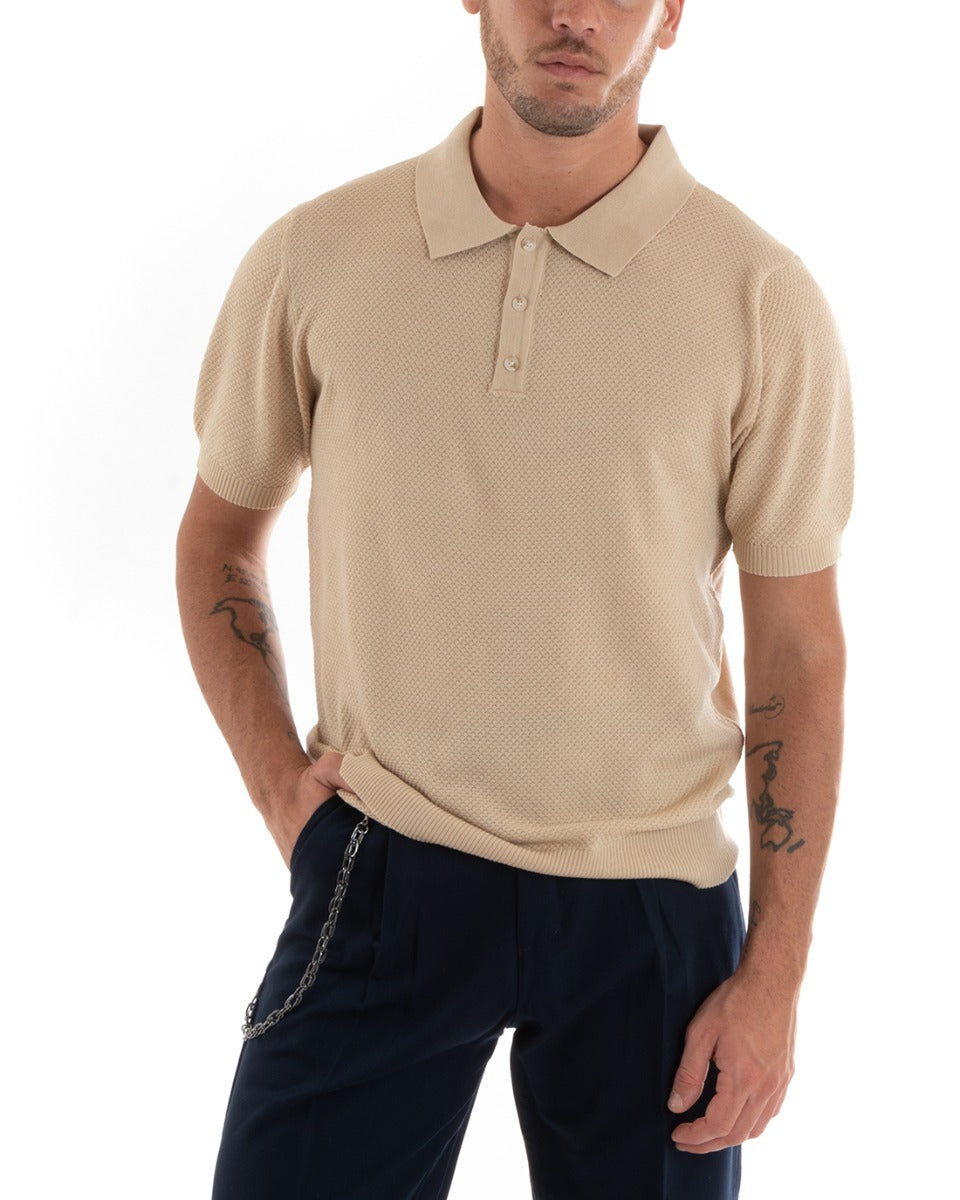 Polo Uomo T-Shirt Manica Corta Tinta Unita Scollo Bottoni Ricamata Casual Beige GIOSAL-TS2967A