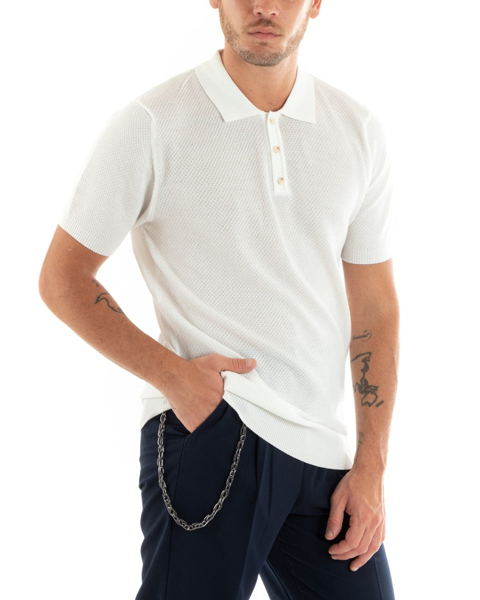 Polo Uomo T-Shirt Manica Corta Tinta Unita Scollo Bottoni Ricamata Casual Bianco GIOSAL-TS2968A
