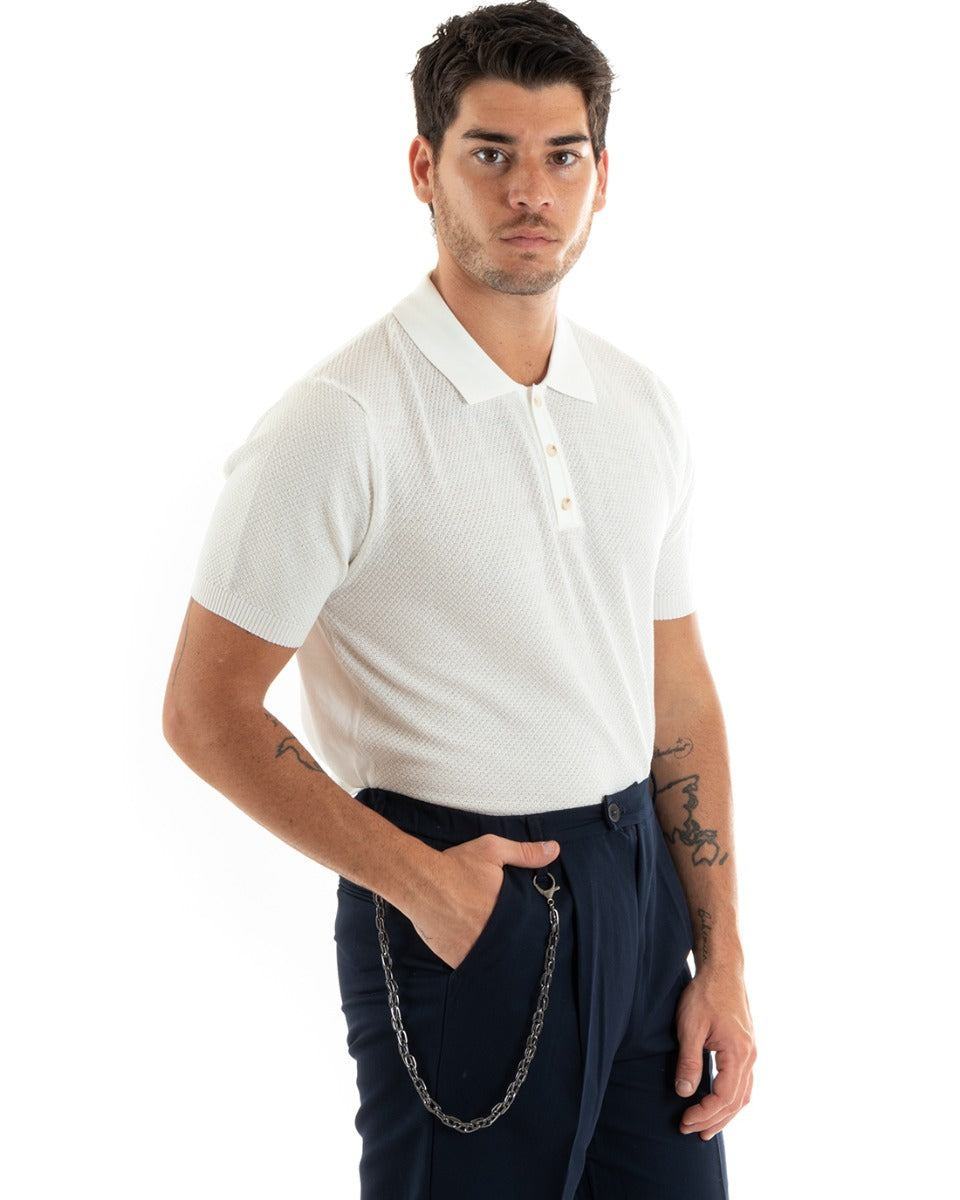 Polo Uomo T-Shirt Manica Corta Tinta Unita Scollo Bottoni Ricamata Casual Bianco GIOSAL-TS2968A