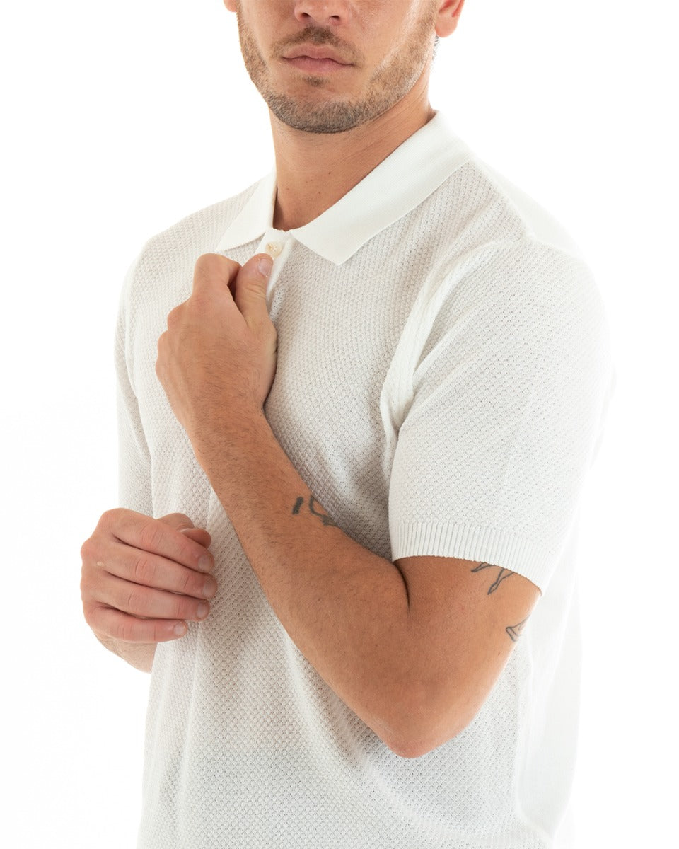 Polo Uomo T-Shirt Manica Corta Tinta Unita Scollo Bottoni Ricamata Casual Bianco GIOSAL-TS2968A