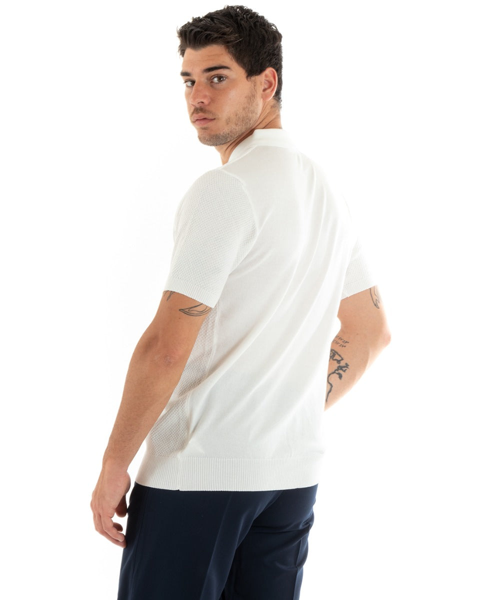 Polo Uomo T-Shirt Manica Corta Tinta Unita Scollo Bottoni Ricamata Casual Bianco GIOSAL-TS2968A
