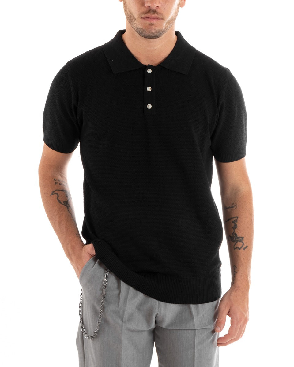 Polo Uomo T-Shirt Manica Corta Tinta Unita Scollo Bottoni Ricamata Casual Nero GIOSAL-TS2970A