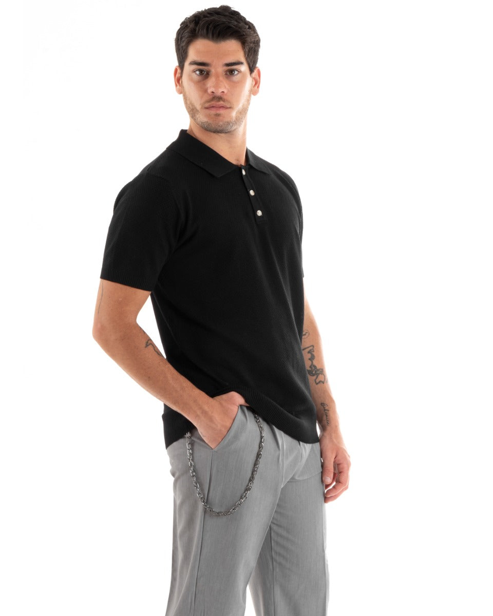 Polo Uomo T-Shirt Manica Corta Tinta Unita Scollo Bottoni Ricamata Casual Nero GIOSAL-TS2970A