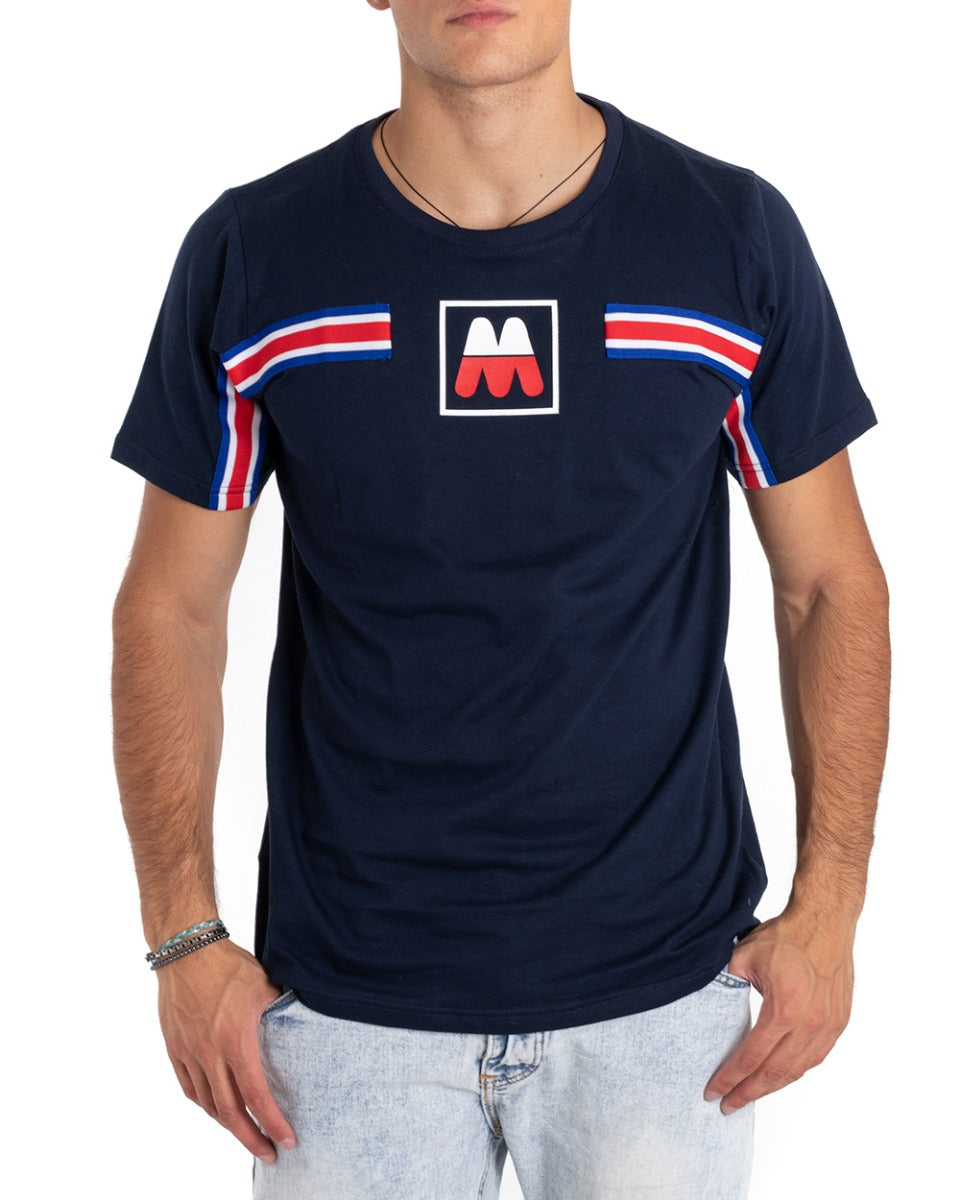 T-Shirt Uomo MOD Blu Girocollo Stampa Righe Cotone Manica Corta GIOSAL TS2651A