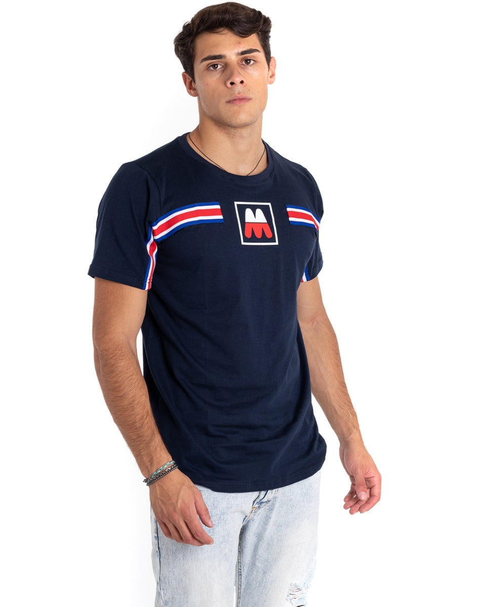 T-Shirt Uomo MOD Blu Girocollo Stampa Righe Cotone Manica Corta GIOSAL TS2651A