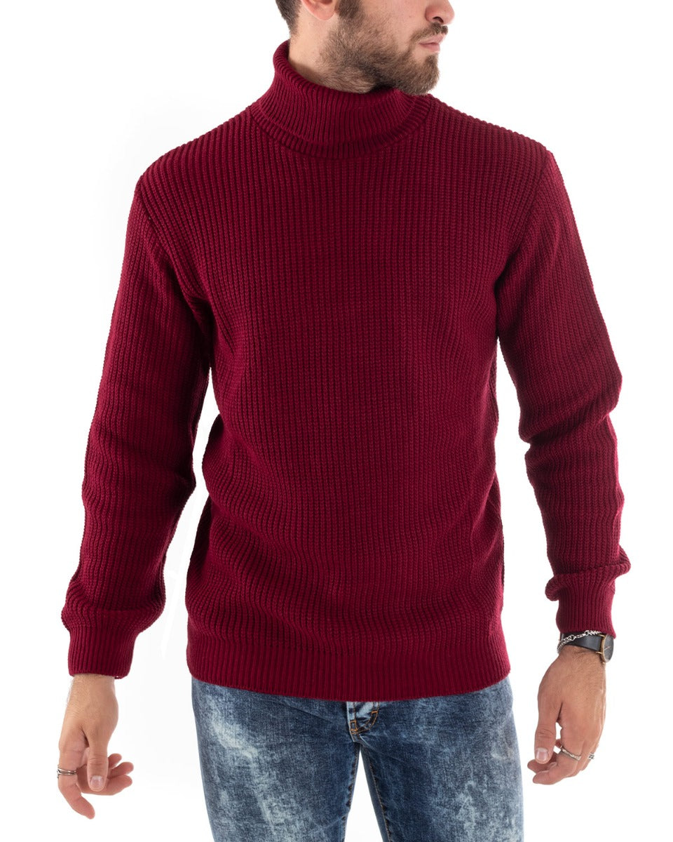 Paul Barrell Men's Pullover Sweater Solid Color Burgundy High Neck Casual GIOSAL M2357A