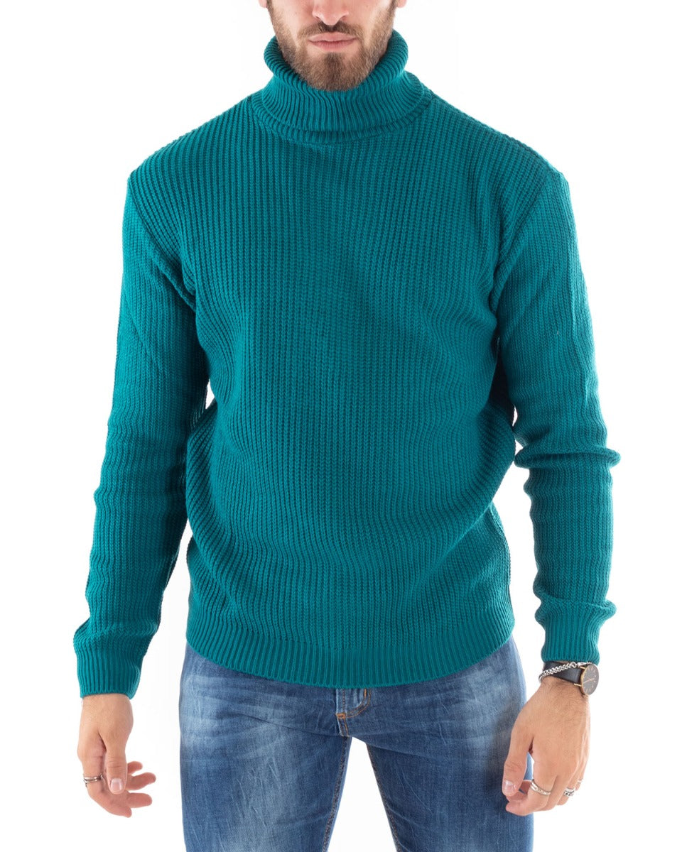 Paul Barrell Men's Pullover Sweater Solid Color Petrol High Neck Casual GIOSAL M2344A