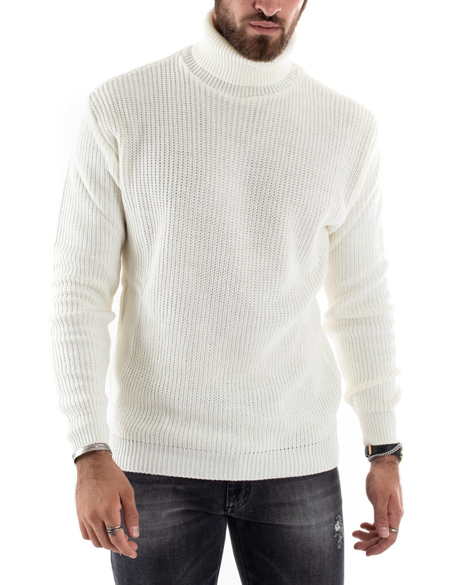Paul Barrell Men's Pullover Sweater Solid White High Neck Casual GIOSAL M2346A