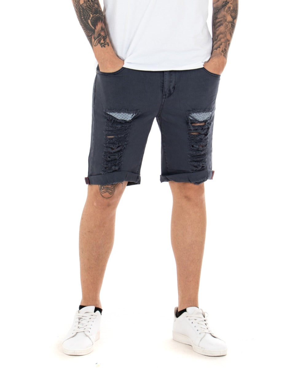 Bermuda Pantaloncino Uomo Corto Rotture Blu Cinque Tasche Slim GIOSAL-PC1894A