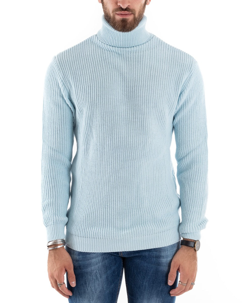 Paul Barrell Men's Pullover Sweater Solid Color Light Blue High Neck Casual GIOSAL M2353A
