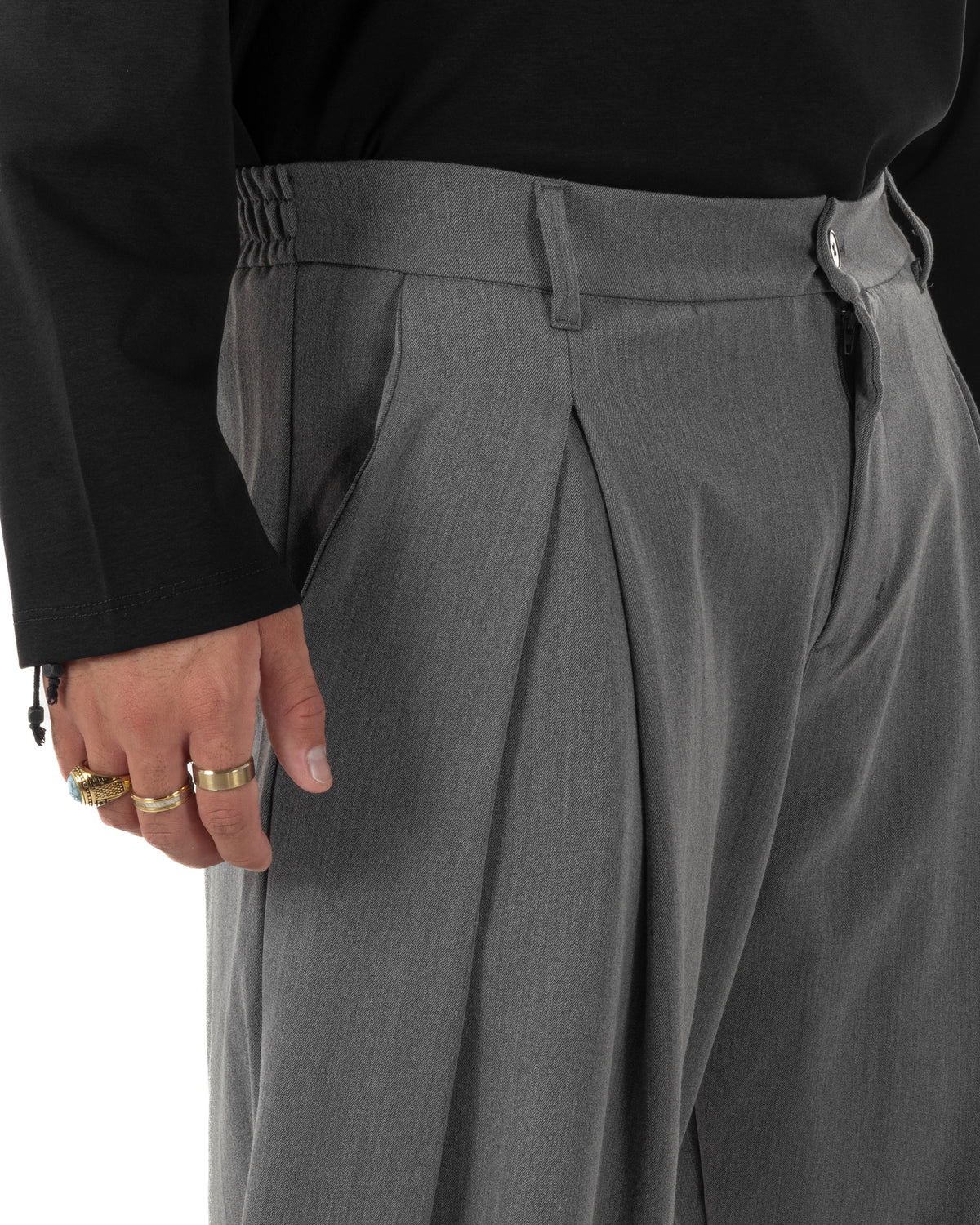 Men's grey baggy wide-fit viscose trousers with pleats P6524A