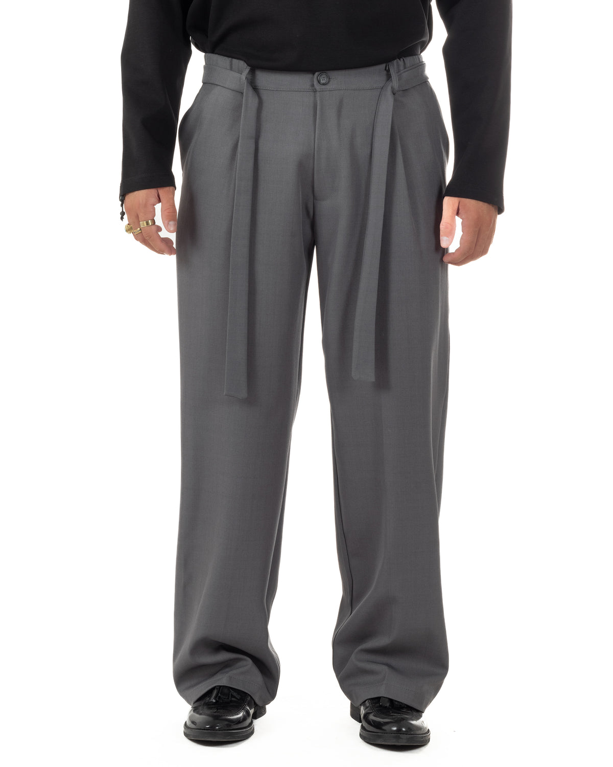 Pantalones de hombre de viscosa palazzo de pernera ancha con cinturón baggy grises P6398A