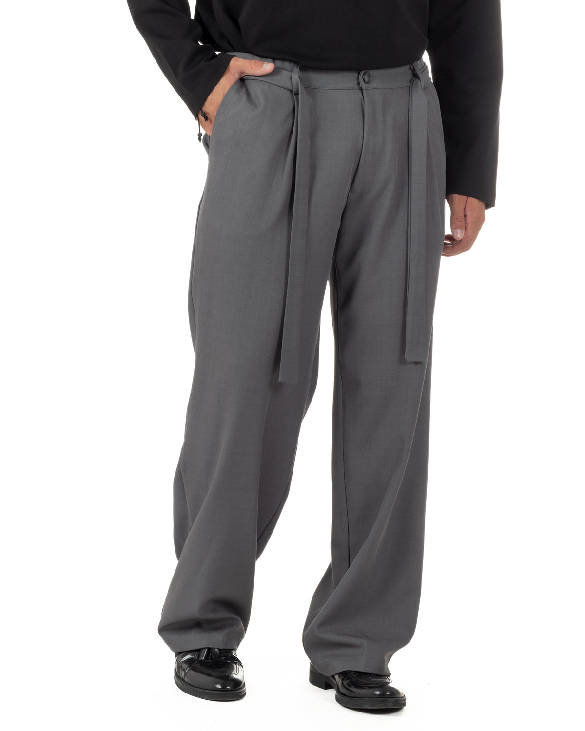 Pantalones de hombre de viscosa palazzo de pernera ancha con cinturón baggy grises P6398A