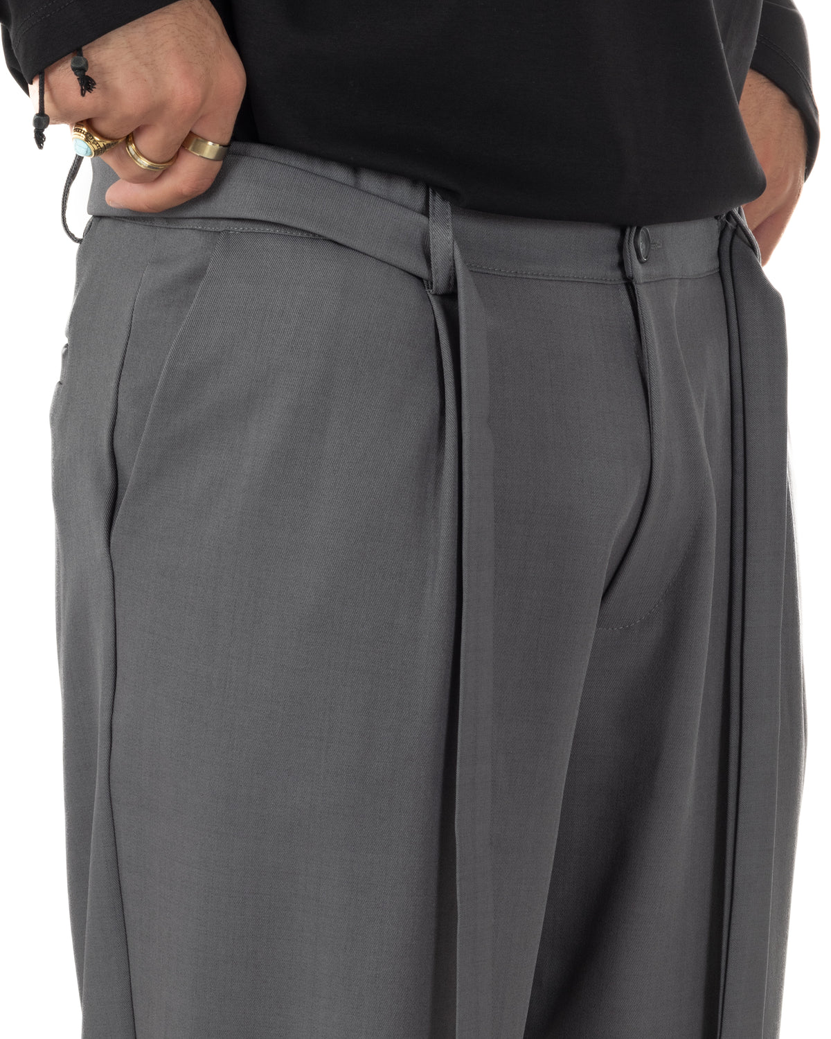 Pantalones de hombre de viscosa palazzo de pernera ancha con cinturón baggy grises P6398A