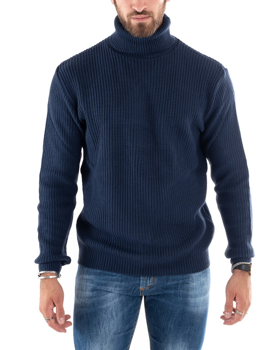 Paul Barrell Men's Pullover Sweater Solid Color Blue High Neck Casual GIOSAL M2348A