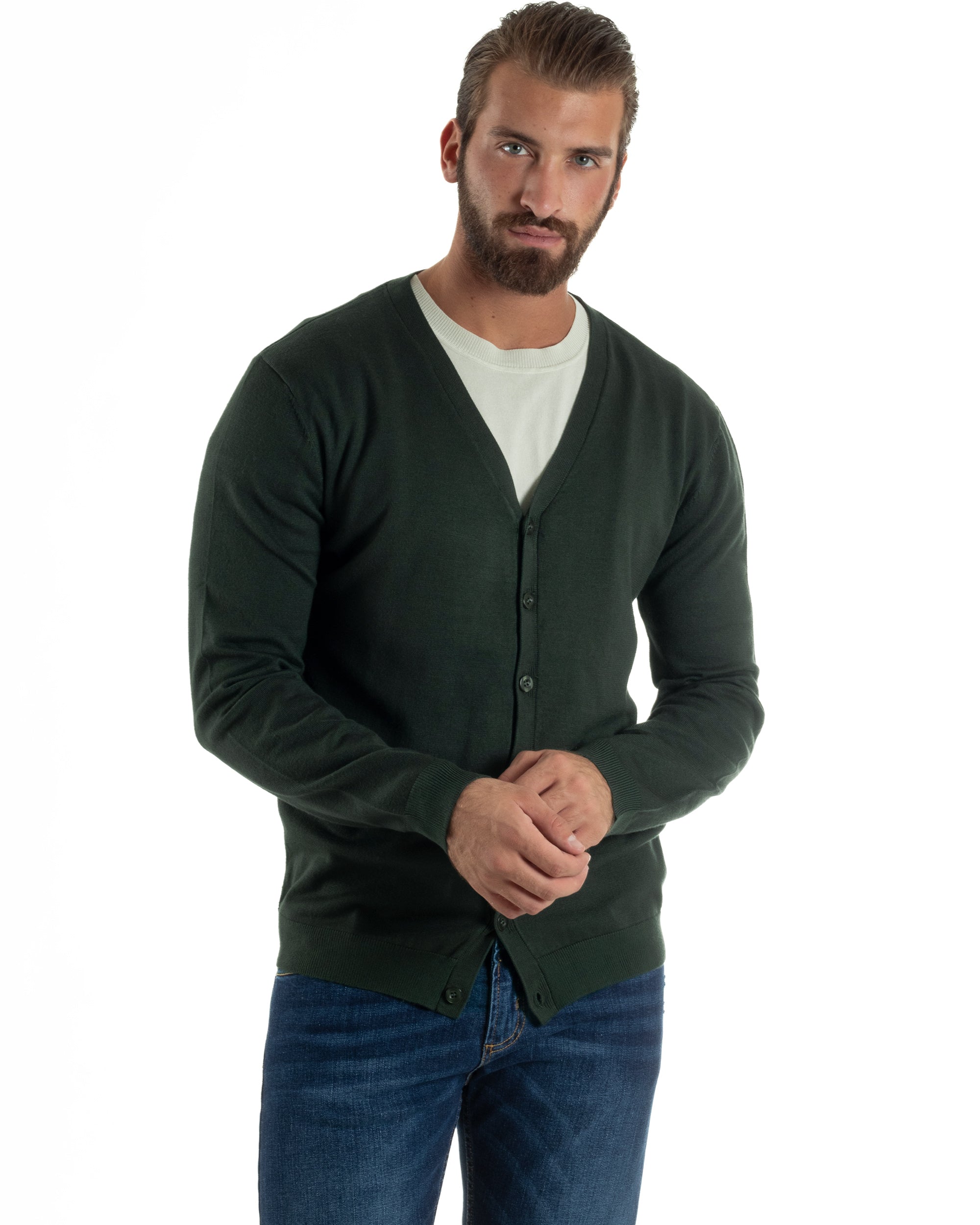 Cardigan Maglia Sottile Scollo a V Basic Verde M2690A