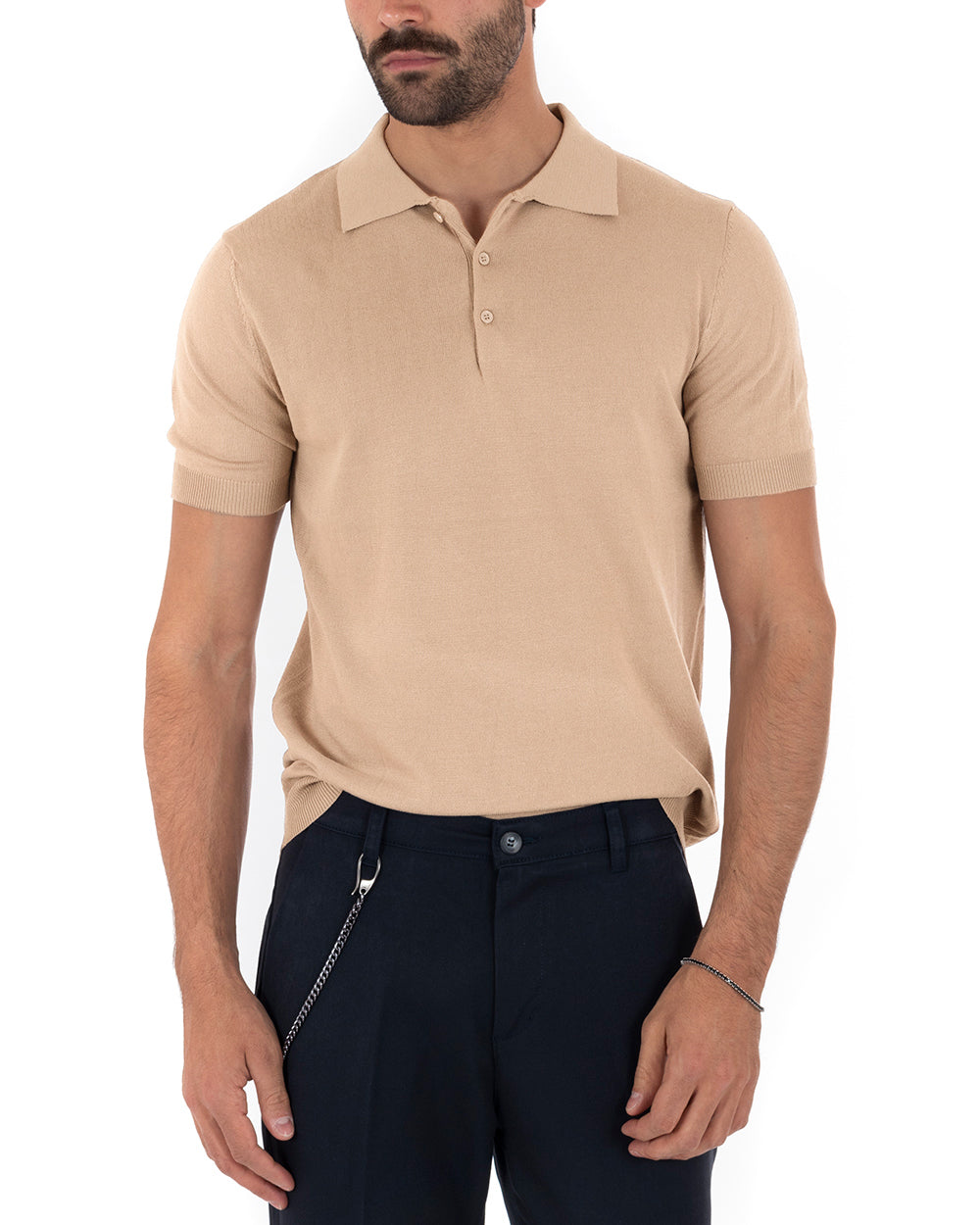 Polo Filo Uomo T-Shirt Manica Corta Con Colletto Bottoni Tinta Unita Beige Casual GIOSAL-TS2791A