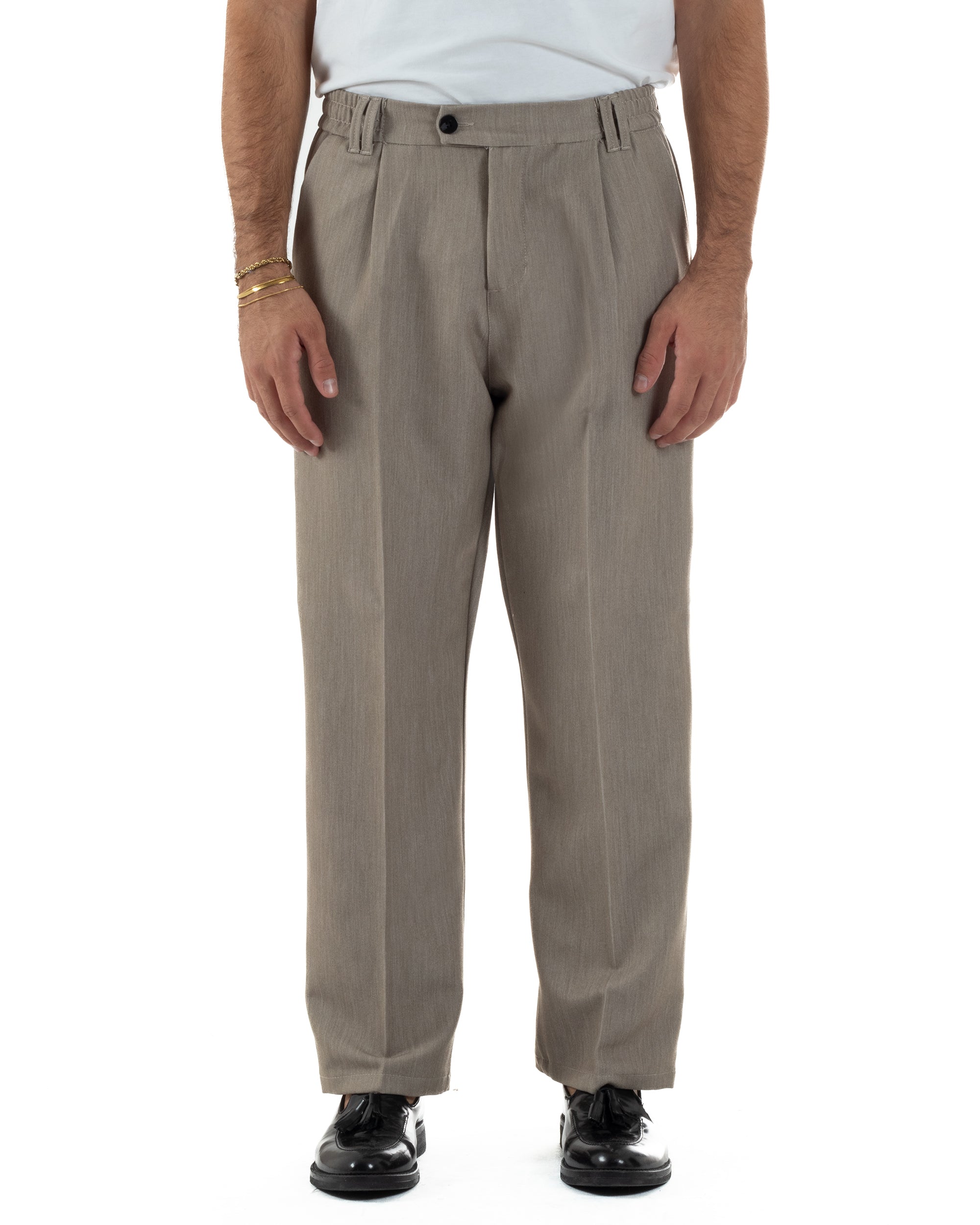 Pantaloni Viscosa Uomo Baggy Fondo Ampio Beige Melangiato P6356A