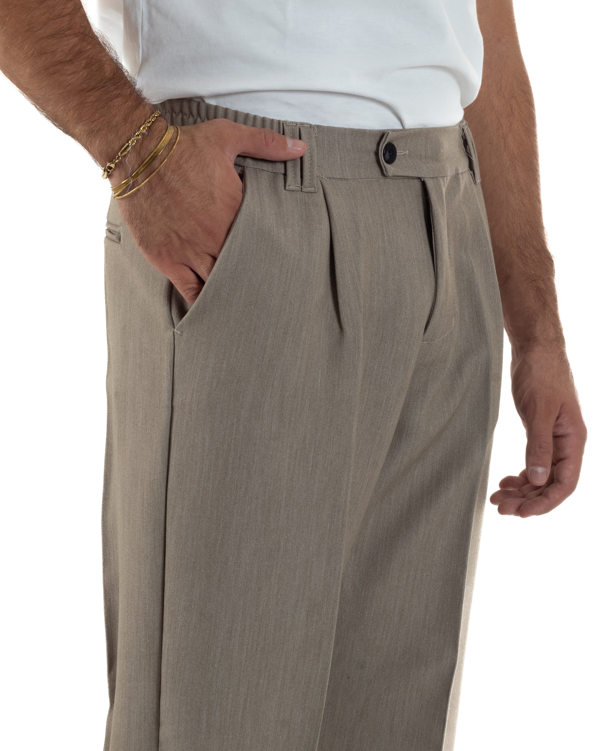 Pantaloni Viscosa Uomo Baggy Fondo Ampio Beige Melangiato P6356A