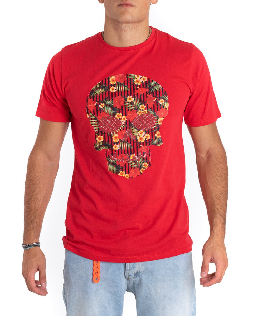 Long Men's T-Shirt Red Skeleton Print Flower Decoration Half Sleeve GIOSAL-TS2659A