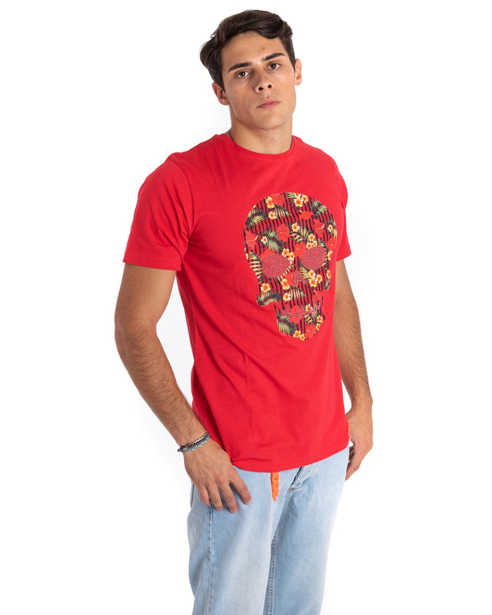 Long Men's T-Shirt Red Skeleton Print Flower Decoration Half Sleeve GIOSAL-TS2659A