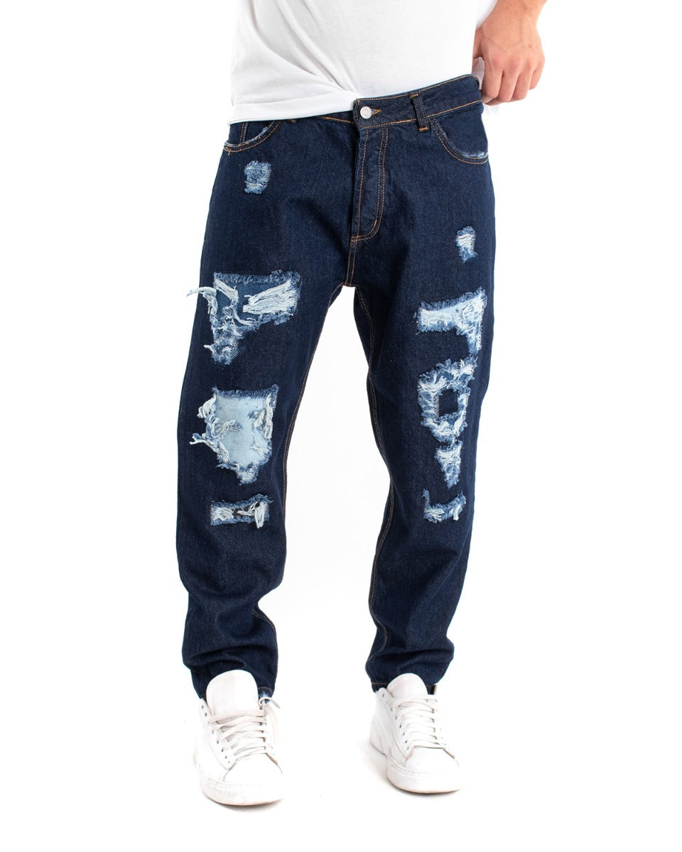 Pantaloni Jeans Uomo Loose Fit Ripped Denim Scuro Con Rotture GIOSAL-P5479A
