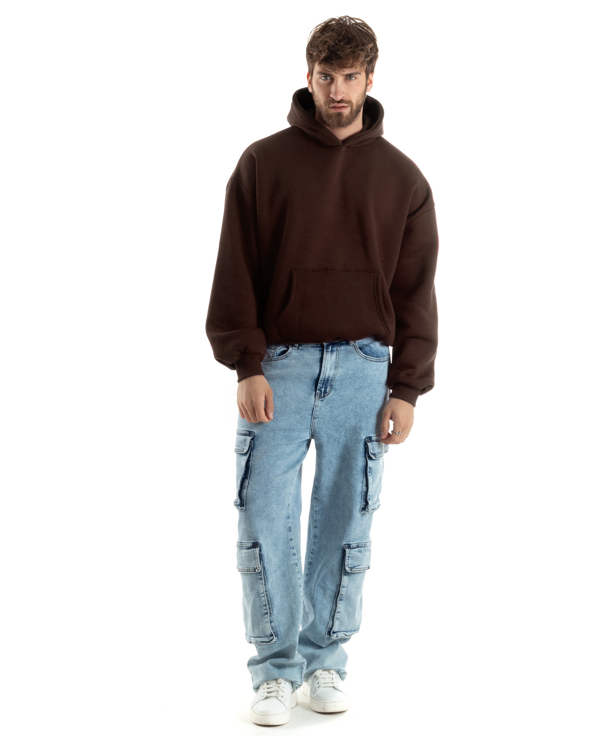 Felpa Con Cappuccio Uomo Boxy Fit Basic Felpata Comoda Tinta Unita Marrone GIOSAL-F3052A