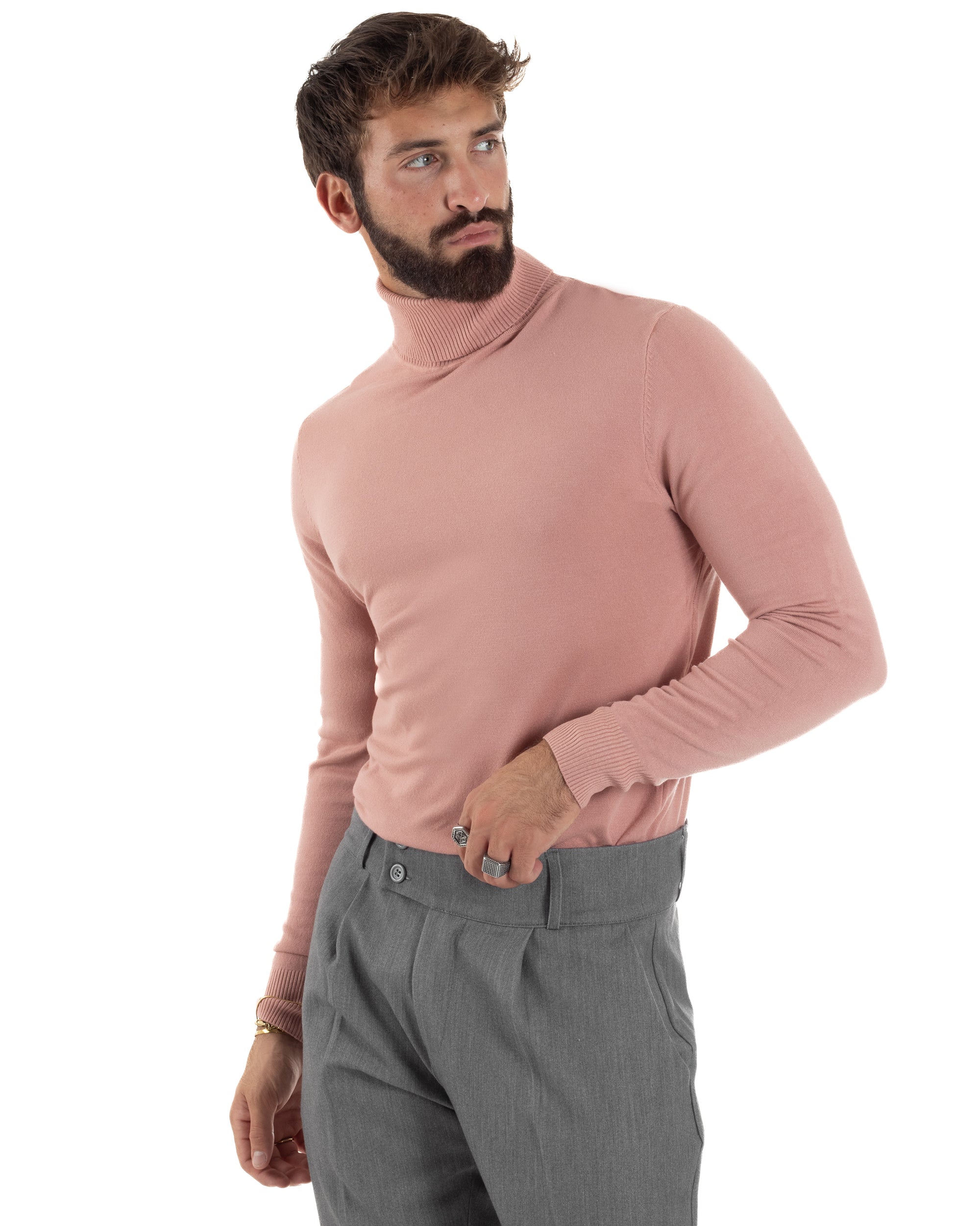 Maglioncino Uomo Collo Alto Maglia Rasata Dolcevita Basic Rosa M2557A