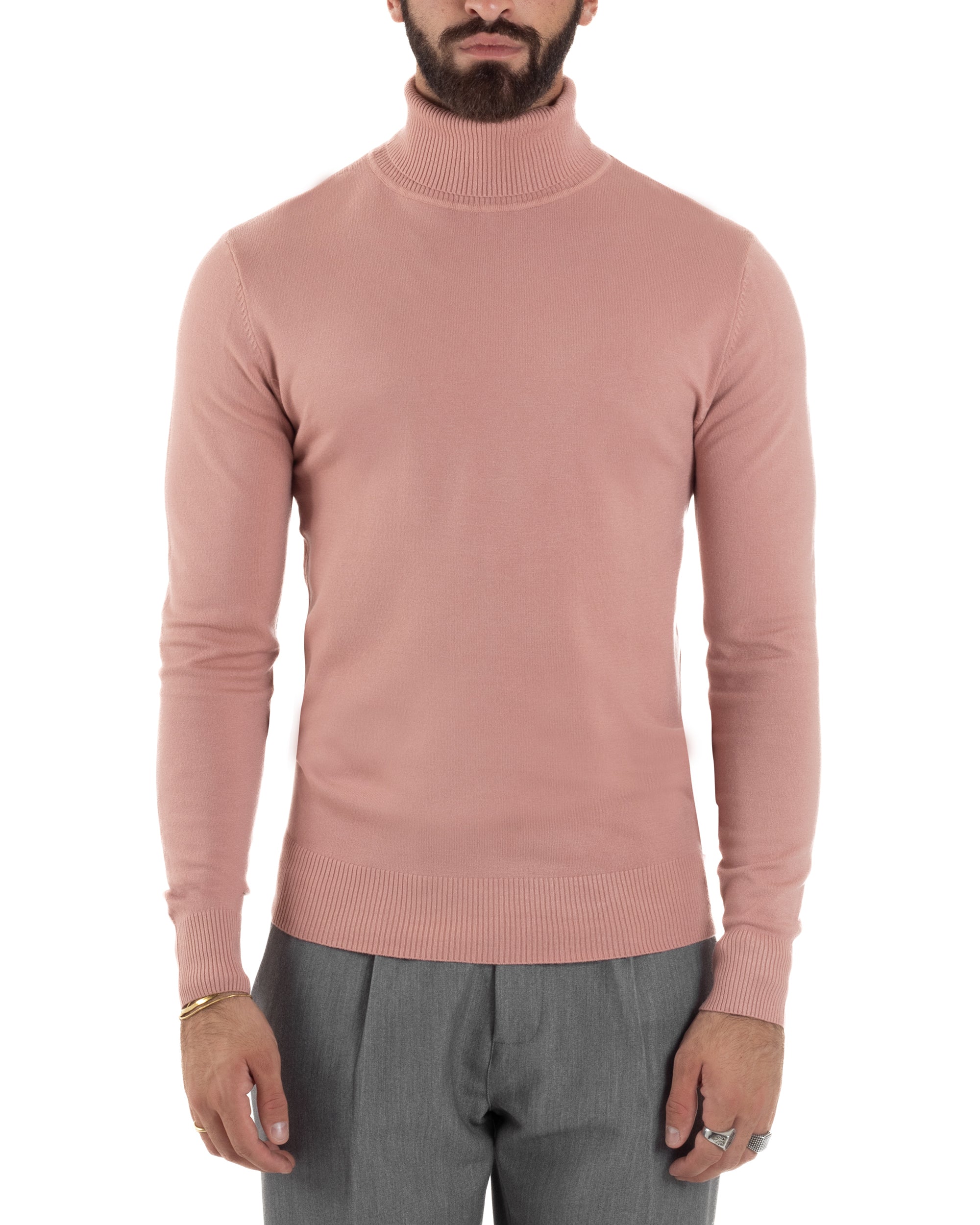 Maglioncino Uomo Collo Alto Maglia Rasata Dolcevita Basic Rosa M2557A