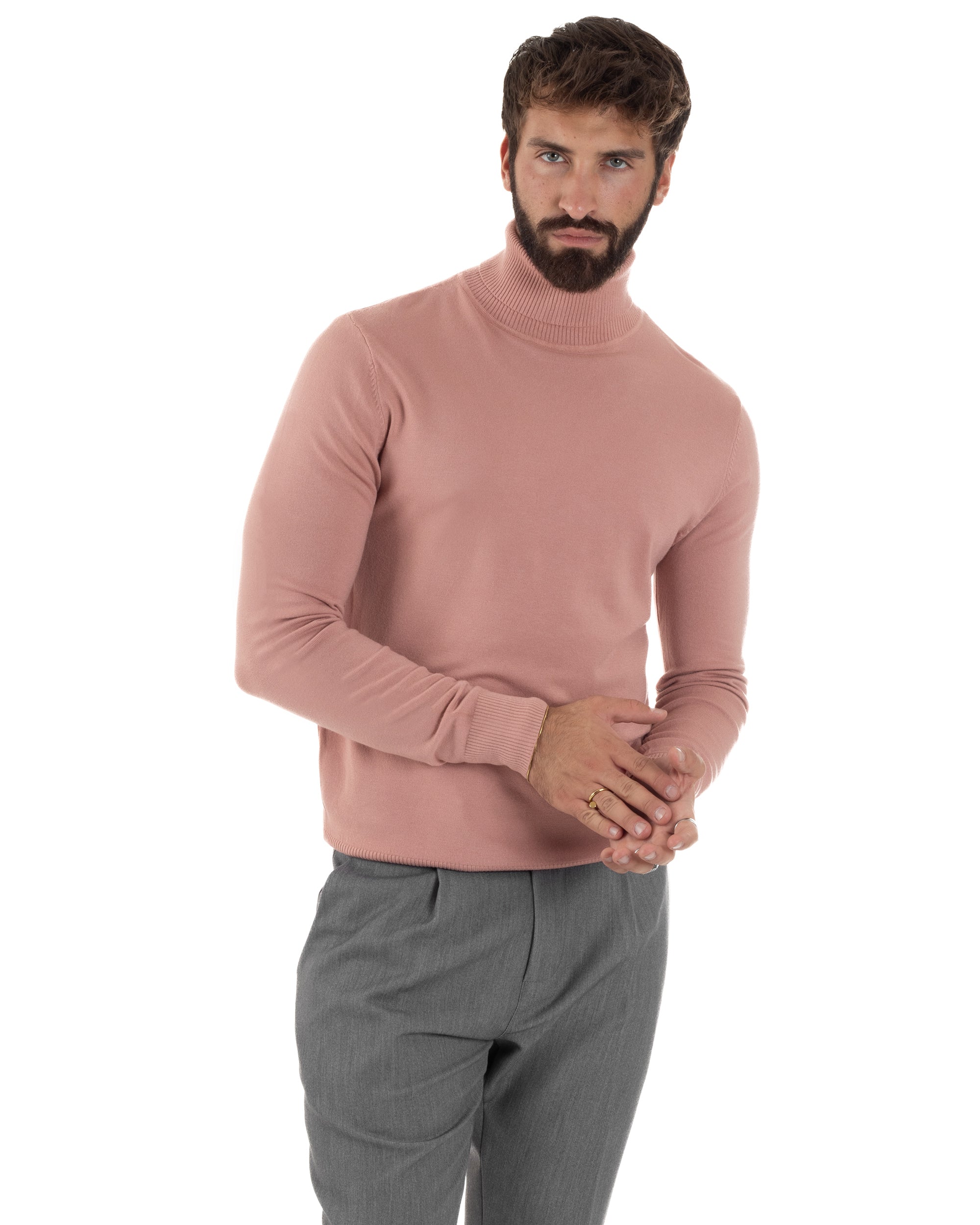 Maglioncino Uomo Collo Alto Maglia Rasata Dolcevita Basic Rosa M2557A