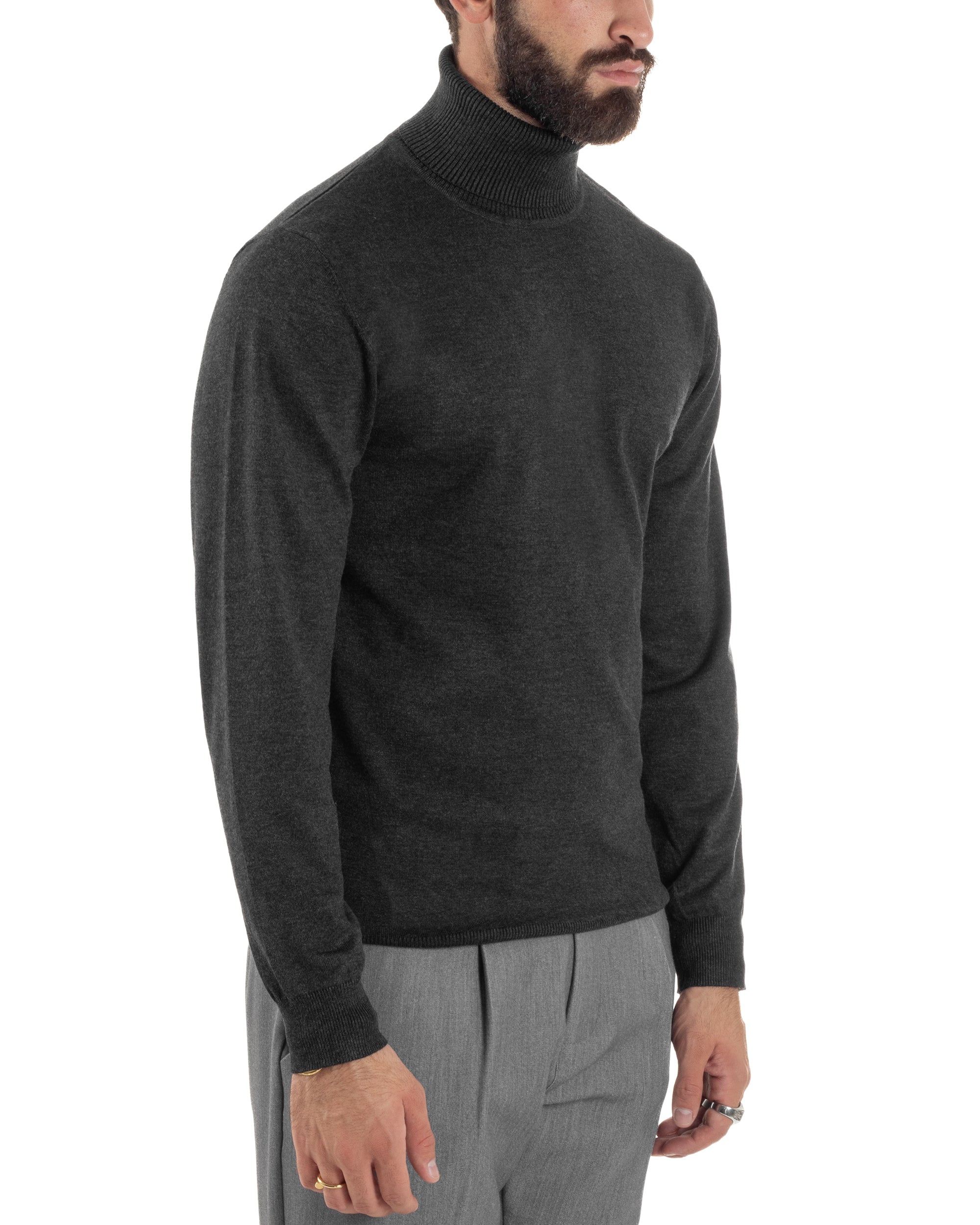 Maglioncino Uomo Collo Alto Maglia Rasata Dolcevita Basic Antracite M2533A
